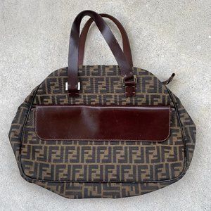 Vintage Classic FENDI Zucca Shoulder Bag with Brown Leather Pocket and Straps